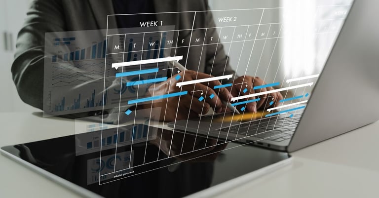 Project manager reviewing ERP implementation timeline and migration schedule on a digital project planning dashboard.