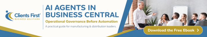 AI Agents in Business Central ebook banner for manufacturing and distribution leaders, with a business team meeting.