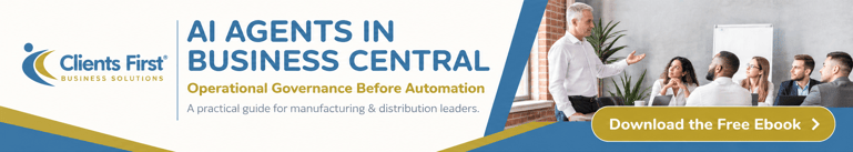 AI Agents in Business Central ebook banner for manufacturing and distribution leaders, with a business team meeting.
