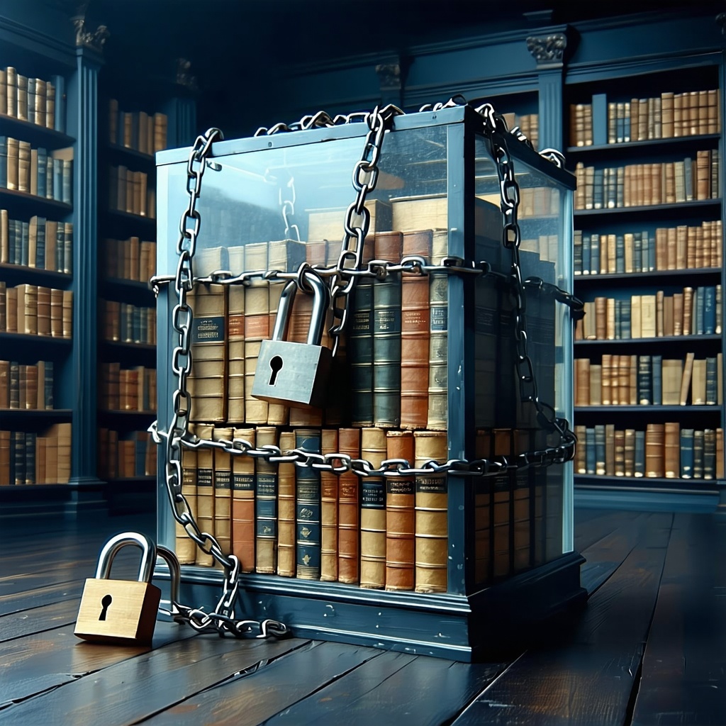 A library with countless books boxed off in a glass box wrapped in chains and padlocked as a conceptual representation of the challenges of not having access to ones own business data at the right time
