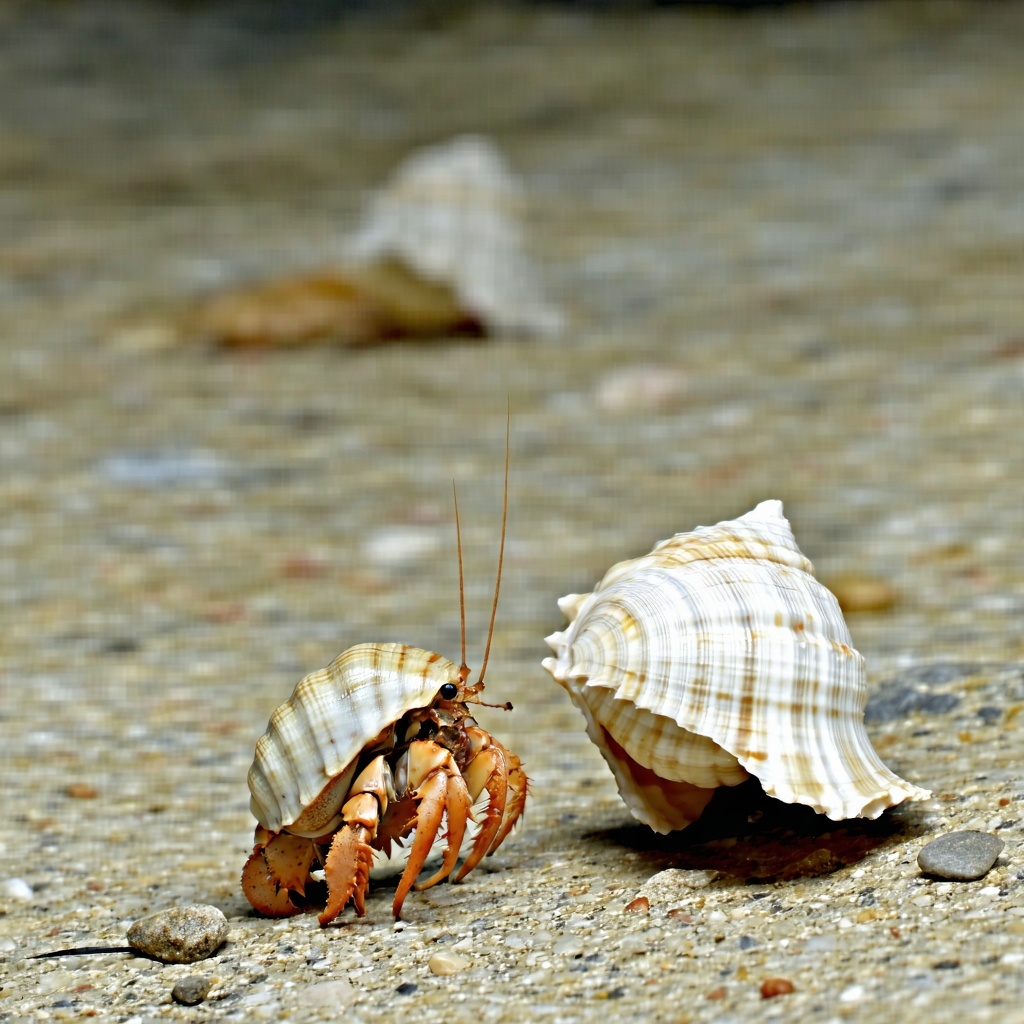 Small hermit crab on the left of image looking at a larger empty shell on the right side of image