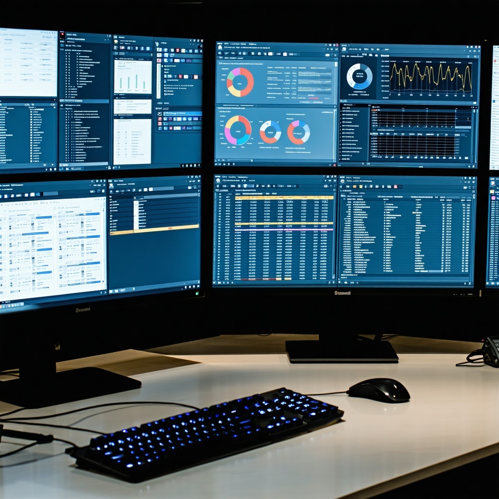 multiple computer screens side by side with different business software on each one-3