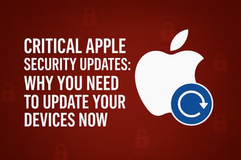 Graphic showing an Apple logo with a security update icon and text highlighting critical Apple security updates and the need to update devices immediately.