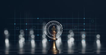 Cloud ERP strategy concept featuring a bronze chess king illuminated at the center of a digital grid interface, symbolizing strategic leadership, data-driven decision-making, and competitive advantage in modern enterprise technology.
