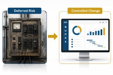 Deferred risk from outdated ERP systems compared to controlled change through modern ERP governance and upgrades.