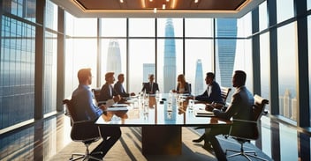 ERP capital investment boardroom discussion among executives reviewing financial strategy and governance in a modern high-rise conference room, reflecting long-term ERP decision-making and corporate oversight