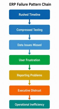 Expectation vs. reality chart showing why ERP implementations fail by comparing cloud ERP assumptions with operational realities.