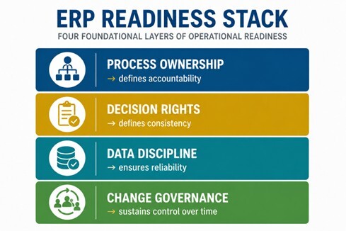 ERP readiness stack showing process ownership, decision rights, data discipline, and change governance.