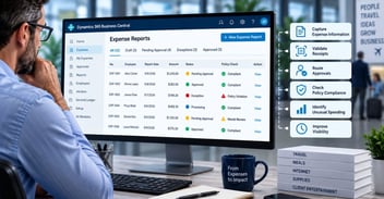 Expense Agent Business Central dashboard showing receipt validation, policy checks, approvals, and expense oversight.