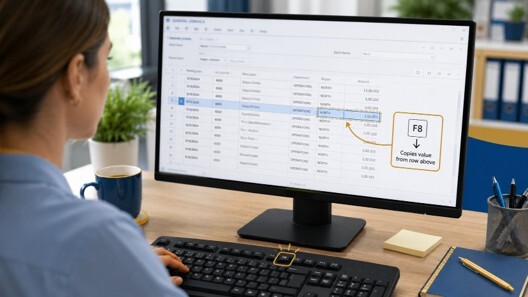 Business Central F8 keyboard shortcut copies values from the row above to speed up data entry.