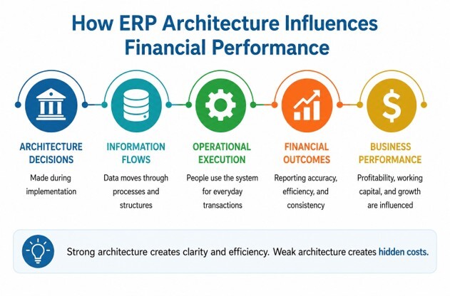 ERP architecture influences information flow, operational execution, financial outcomes, and long-term business performance.