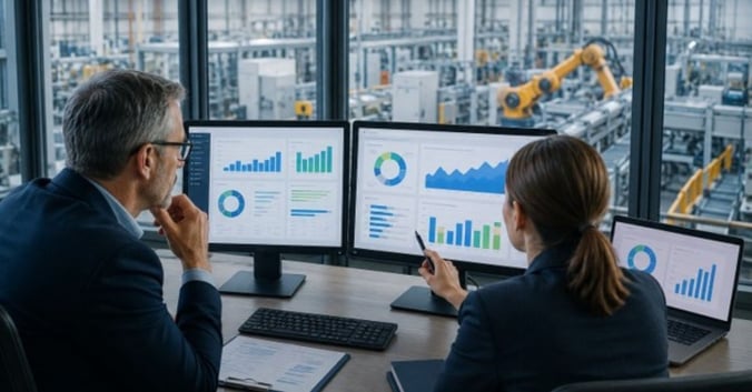 Manufacturing leaders review ERP dashboards and production analytics to improve operational performance and decision-making.