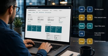 Business Central Keyboard Shortcuts displayed beside a user working in Microsoft Dynamics 365 Business Centra