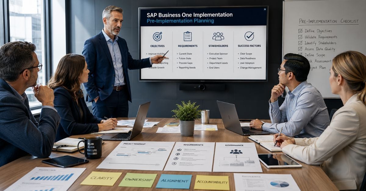 Executive team in SAP Business One implementation planning workshop reviewing ERP requirements and governance strategy.