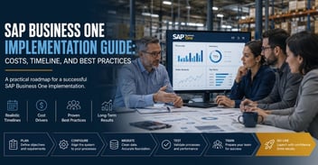 SAP Business One implementation planning session with ERP dashboard, project roadmap, and executive team collaboration.