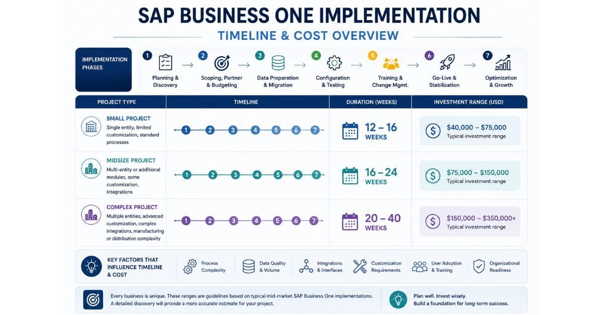 SAP Business One implementation timeline and cost overview for small, midsize, and complex ERP projects.