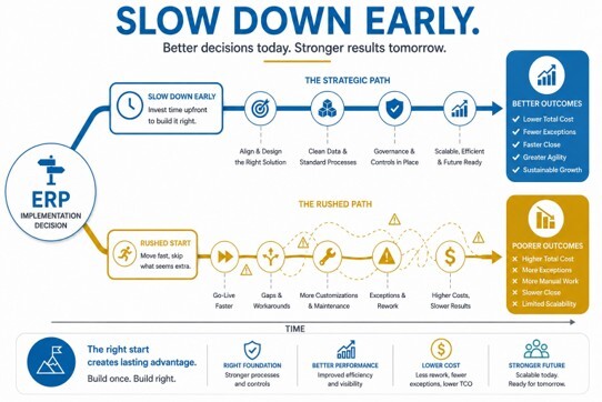 ERP implementation decisions compare strategic planning with rushed choices that increase long-term costs and risk.