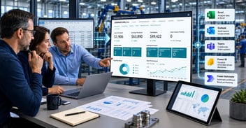 “SYSPRO vs Business Central comparison showing ERP dashboards, Microsoft integrations, and manufacturing analytics.
