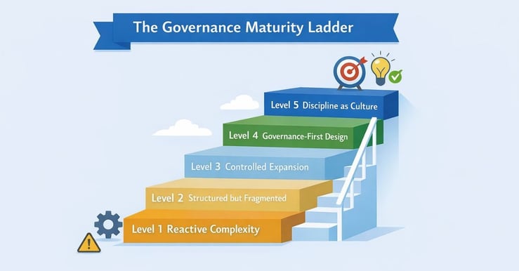 Governance maturity ladder in ERP, showing five levels from reactive complexity to discipline as culture, illustrating how ERP governance in manufacturing improves control, reliability, and performance