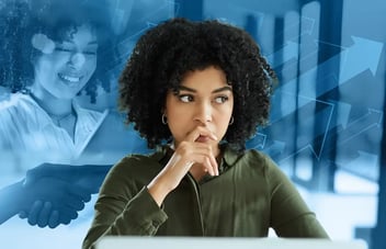 Business professional evaluating options with growth arrows and handshake in background, representing choosing the right technology or ERP partner.