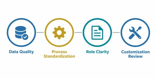 Four ERP migration checklist priorities: data quality, process standardization, role clarity, and customization review.