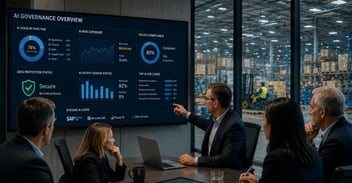 AI Governance for Manufacturing and Distribution Companies dashboard reviewed by executives overlooking warehouse operations.