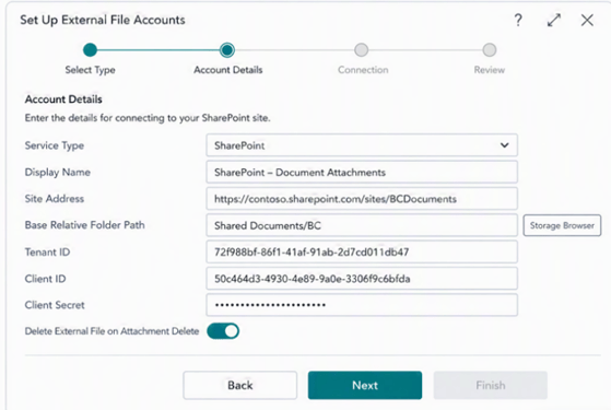 Business Central SharePoint integration setup showing external file account details, site address, credentials, and storage settings.