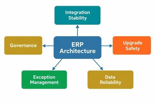ERP architecture diagram showing connections to integration stability, upgrade safety, data reliability, exception management, and governanc