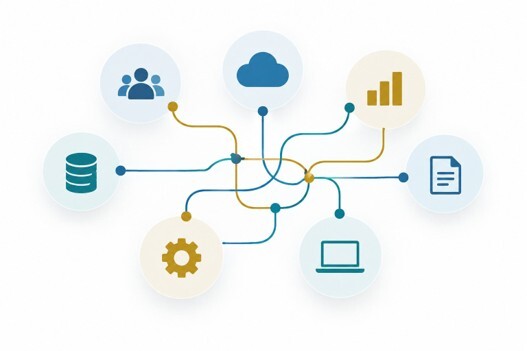 Illustration of ERP integration architecture connecting cloud services, databases, users, and business applications through interconnected data flows.