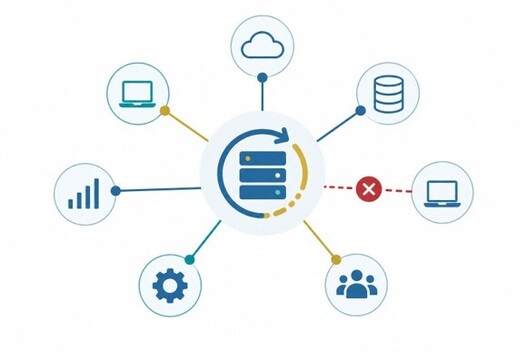 Diagram illustrating ERP integration failures, with a broken connection disrupting data flow between an ERP system and a connected application.