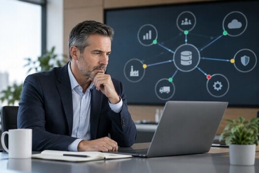 Business executive reviewing ERP integration risks on a laptop, with a connected systems diagram highlighting dependencies and potential failures.