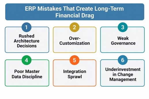 Six ERP mistakes that create long-term financial costs: rushed architecture, over-customization, weak governance, poor data, integration sprawl, and inadequate change management.