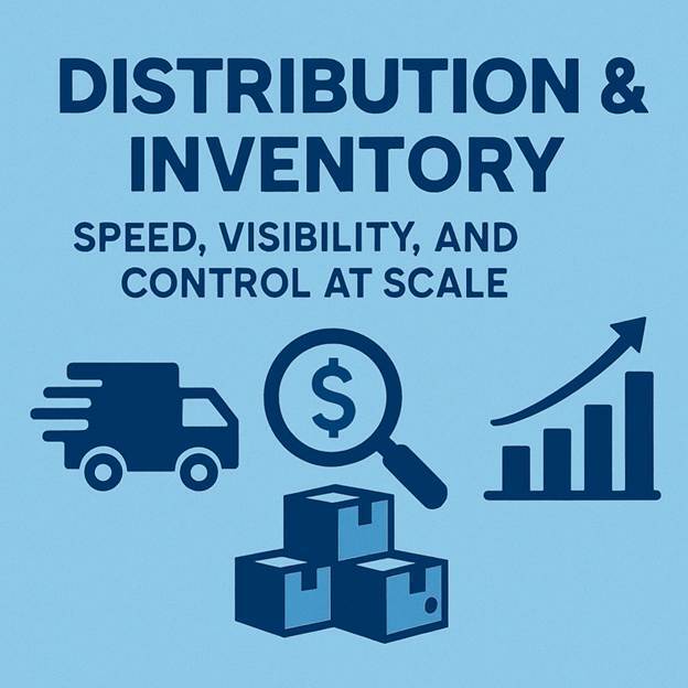 Distribution and inventory graphic showing supply chain visibility, inventory control, pricing, and operational growth