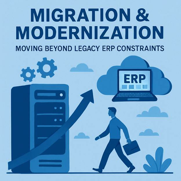 ERP migration and modernization illustration showing cloud ERP adoption and legacy system transformation