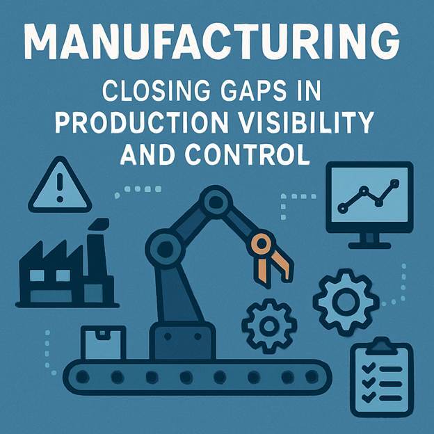 Manufacturing dashboard illustration showing production visibility, automation, quality control, and operational analytics
