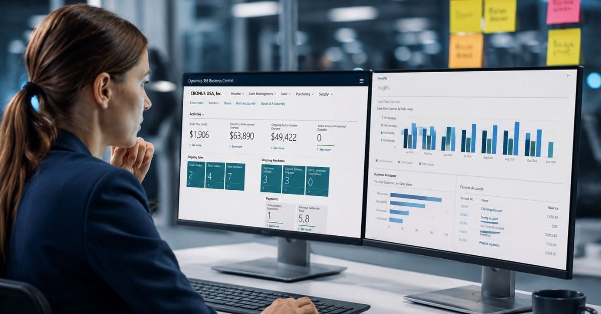 Finance leader reviewing AI Agents in Business Central dashboards for financial and operational workflows.