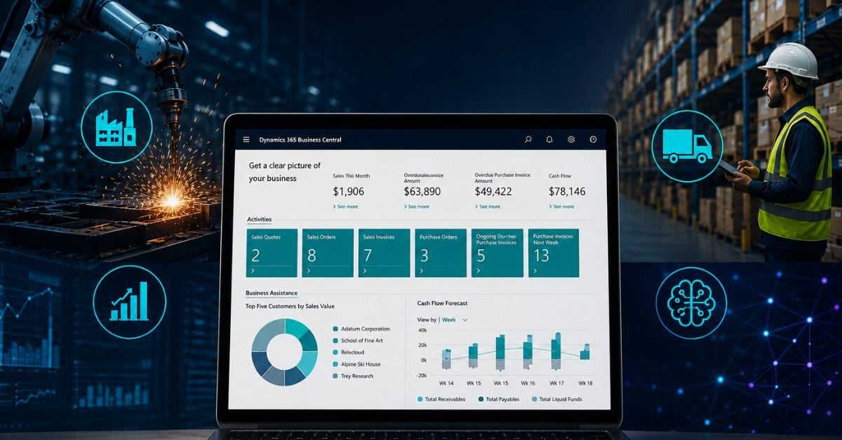 Business Central 2026 Release Wave 1 dashboard displayed in a modern manufacturing and distribution environment
