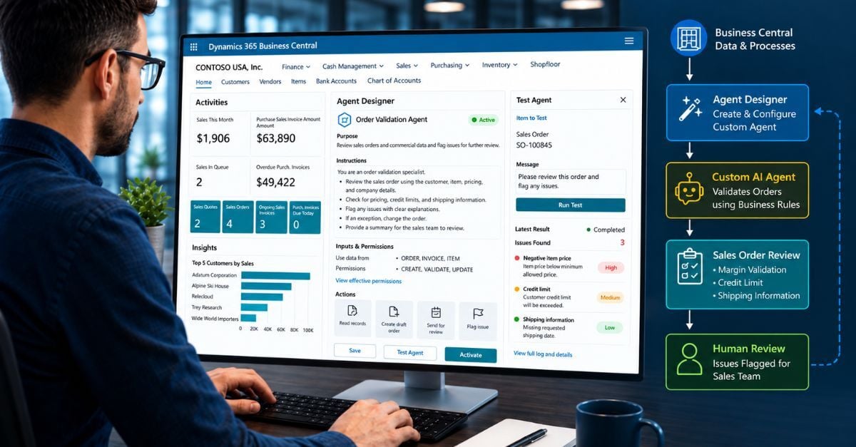 Business Central AI Agents validating sales orders with business rules and flagging issues for human review.