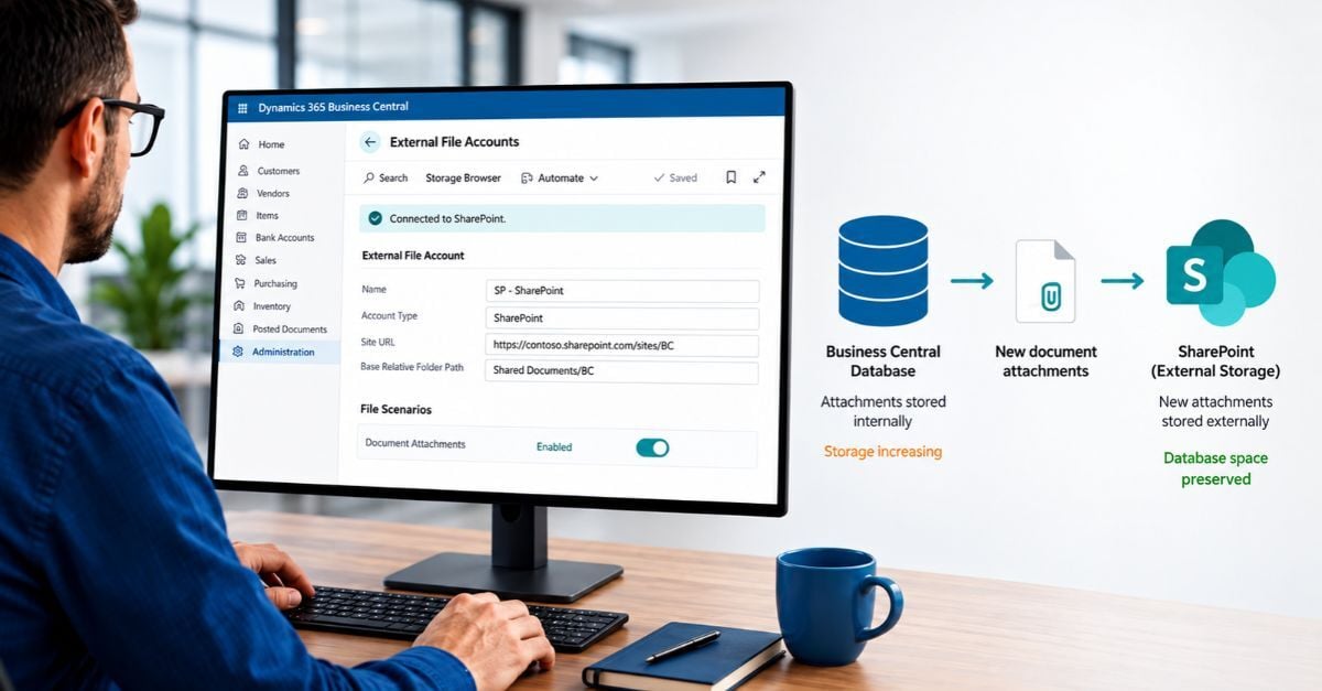 Business Central SharePoint integration showing document attachments moving from the ERP database to external SharePoint storage.