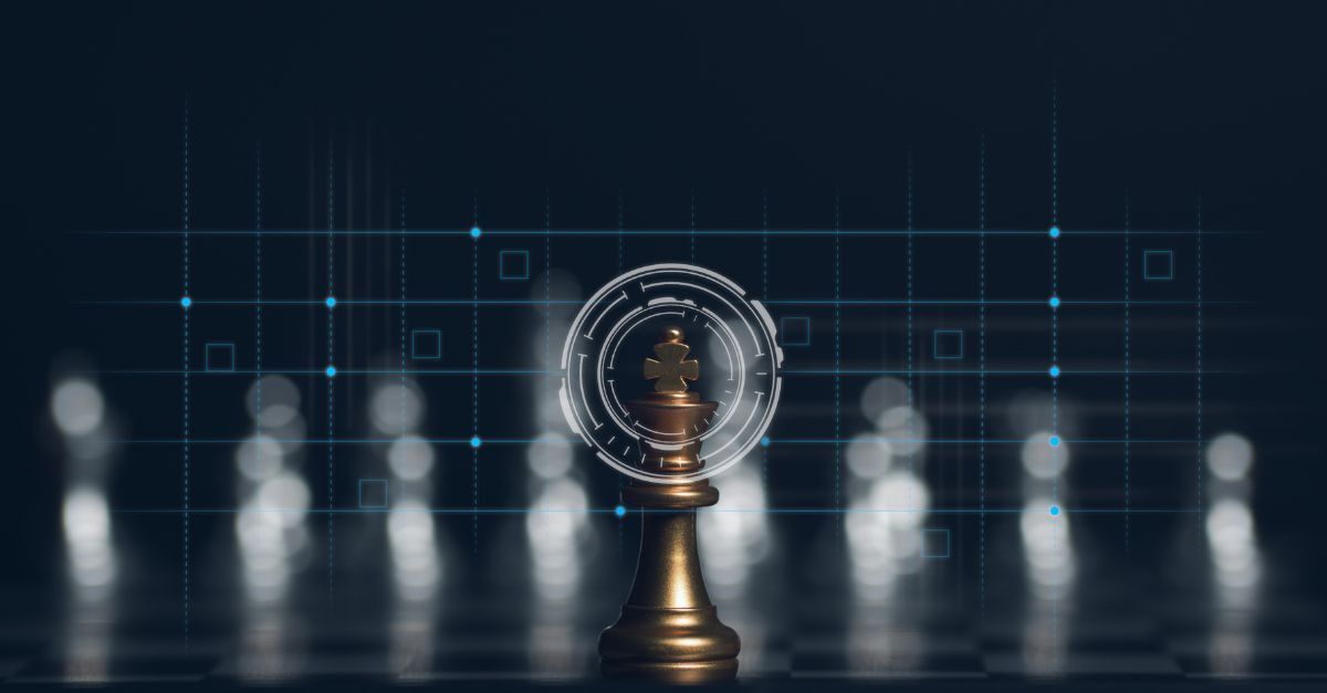 Cloud ERP strategy concept featuring a bronze chess king illuminated at the center of a digital grid interface, symbolizing strategic leadership, data-driven decision-making, and competitive advantage in modern enterprise technology.