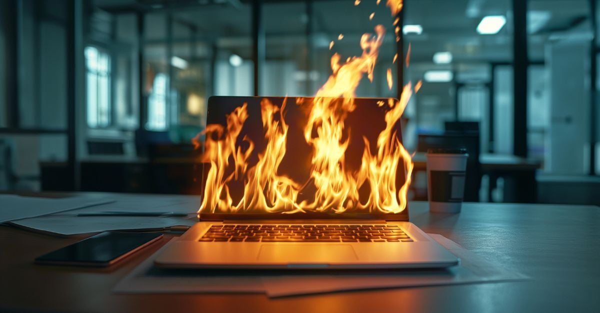 Laptop engulfed in flames illustrating ERP design best practices for manufacturing risks
