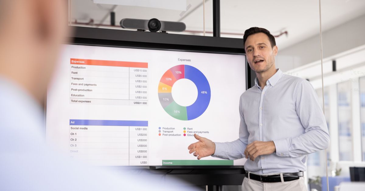 Business leader presenting ERP financial performance data and expense analysis on a dashboard during a meeting.ERP Financial Performance: How Architecture Impacts ROI