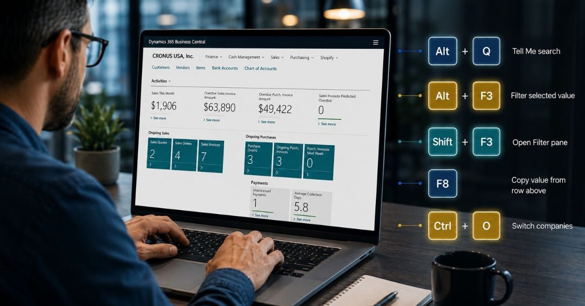 Business Central Keyboard Shortcuts displayed beside a user working in Microsoft Dynamics 365 Business Centra