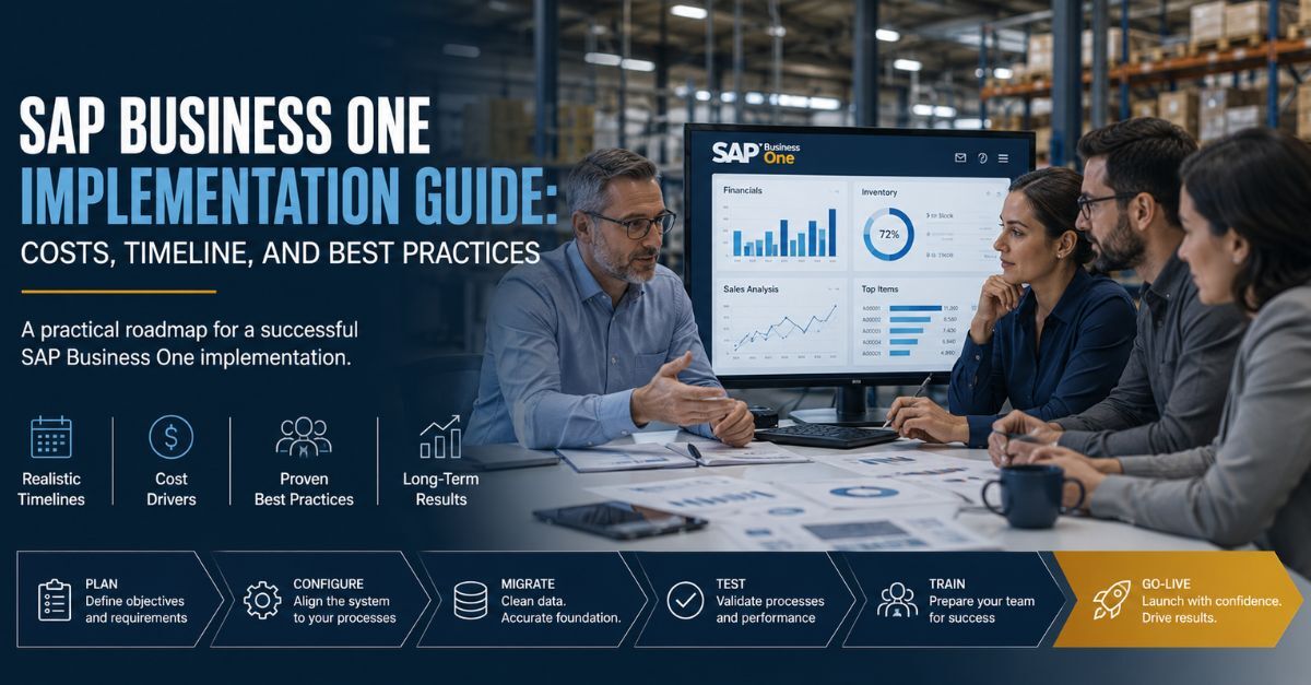 SAP Business One implementation planning session with ERP dashboard, project roadmap, and executive team collaboration.