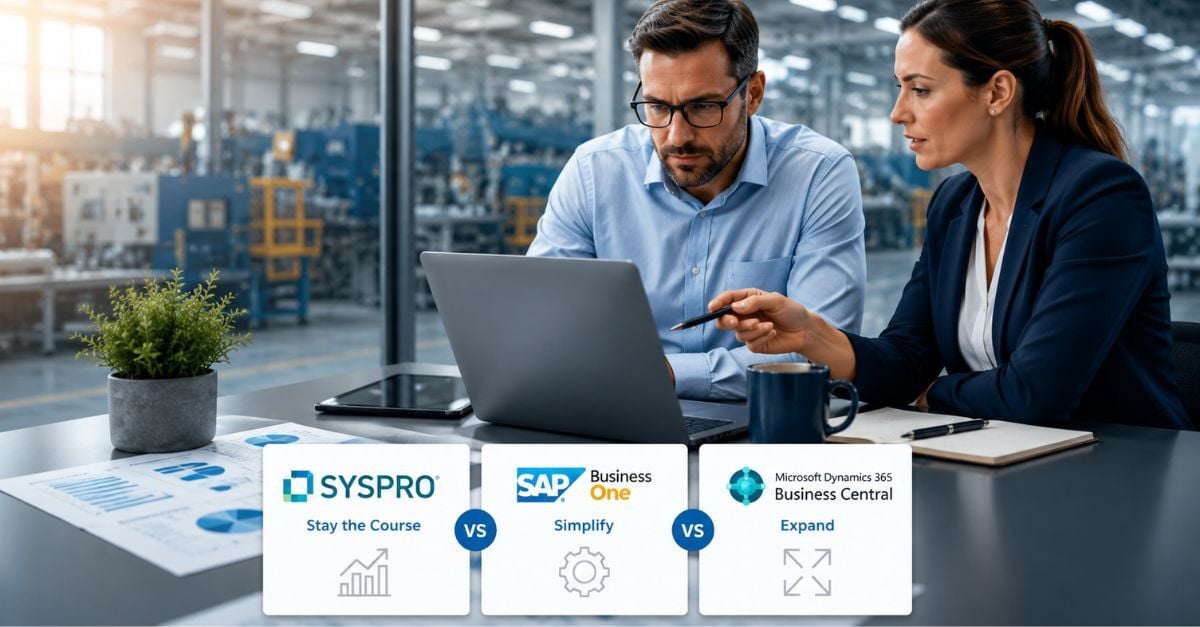Business professionals comparing SYSPRO alternatives on a laptop in a manufacturing office, with a graphic highlighting SYSPRO vs SAP Business One vs Microsoft Dynamics 365 Business Central for ERP software evaluation.