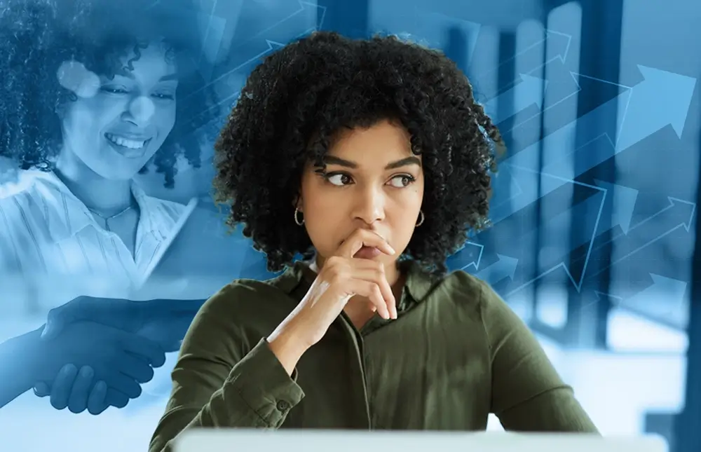 Business professional evaluating options with growth arrows and handshake in background, representing choosing the right technology or ERP partner.