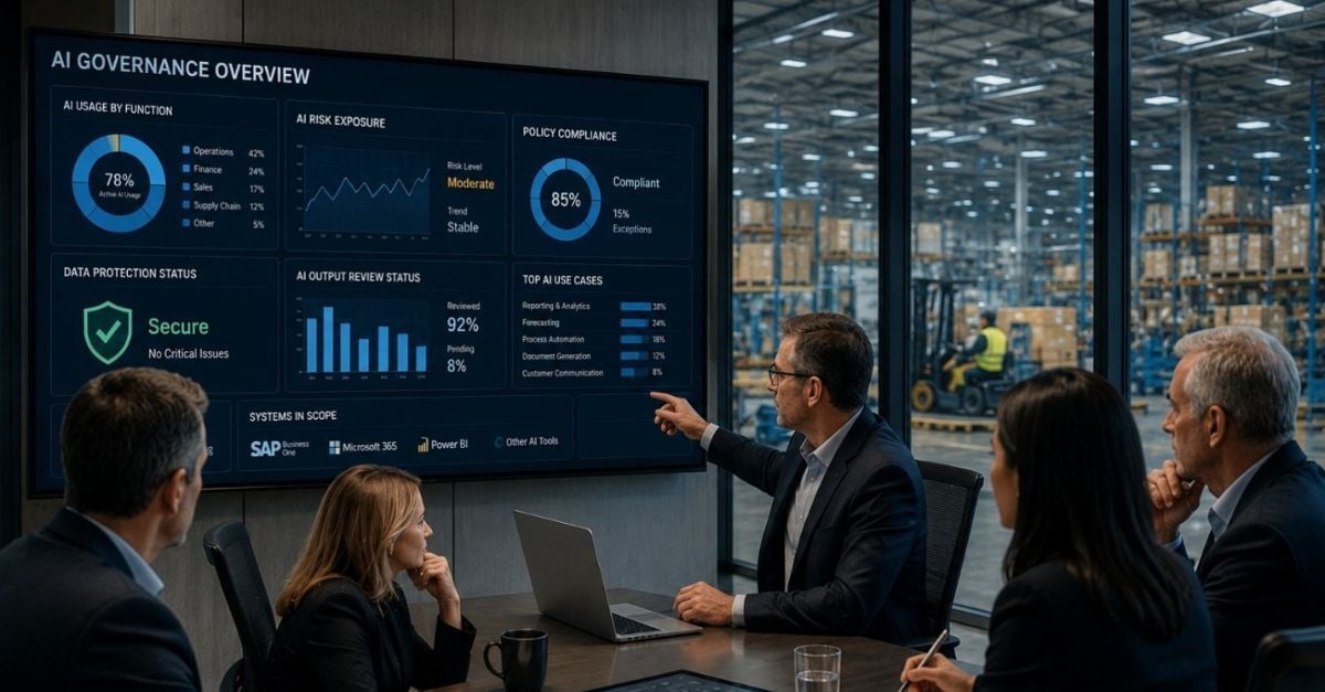 AI Governance for Manufacturing and Distribution Companies dashboard reviewed by executives overlooking warehouse operations.