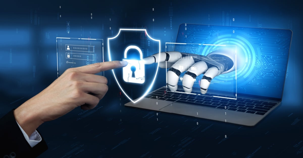 Human finger and robotic hand touching a digital lock icon emerging from a laptop, symbolizing AI security, human-AI interaction, and data protection in modern cybersecurity.